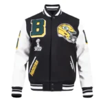 Front view of Green Bay Packers rib varsity jacket.