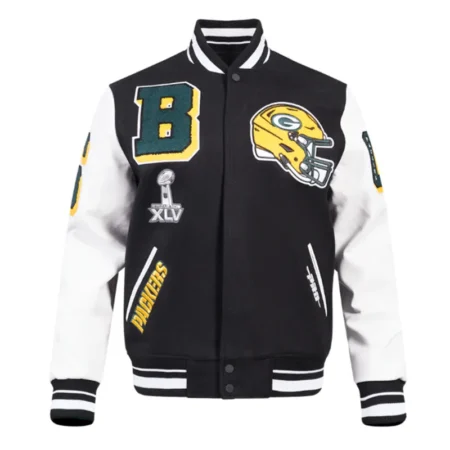 Front view of Green Bay Packers rib varsity jacket.