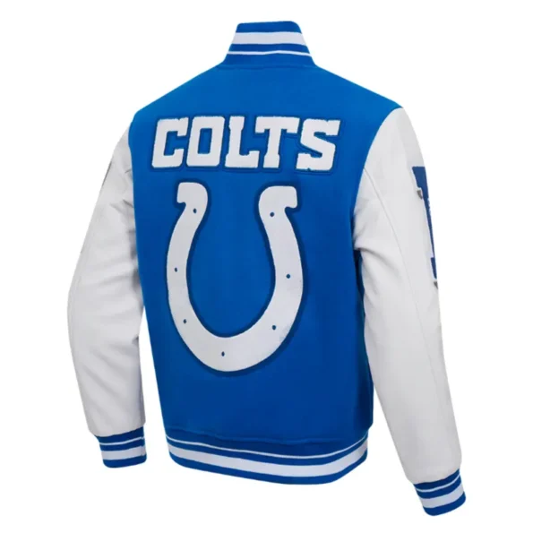 Side view of Indianapolis Colts rib varsity jacket.