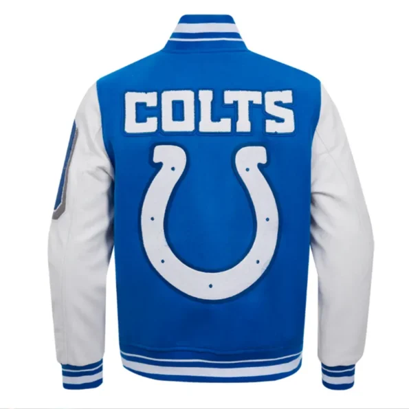 Back view of Indianapolis Colts rib varsity jacket.