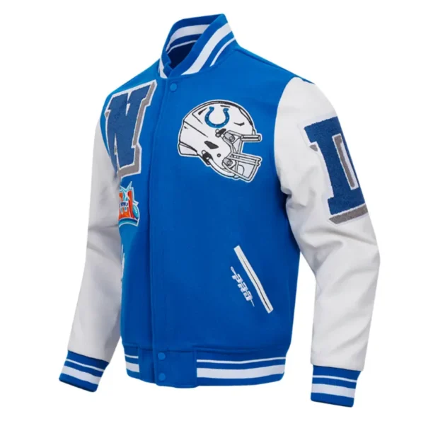 Side view of Indianapolis Colts rib varsity jacket.