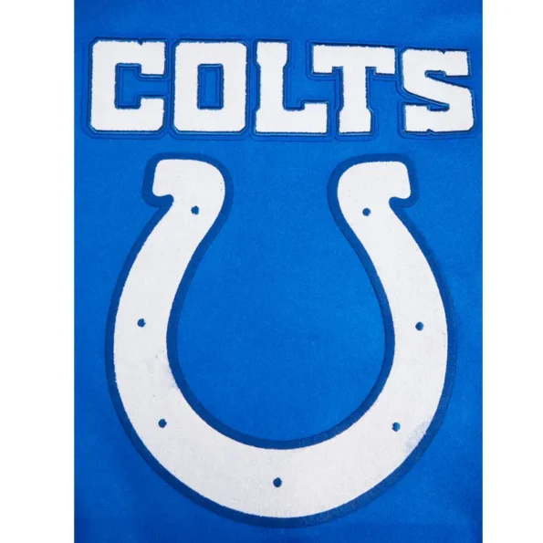 Close-up of Indianapolis Colts rib varsity jacket embroidery.