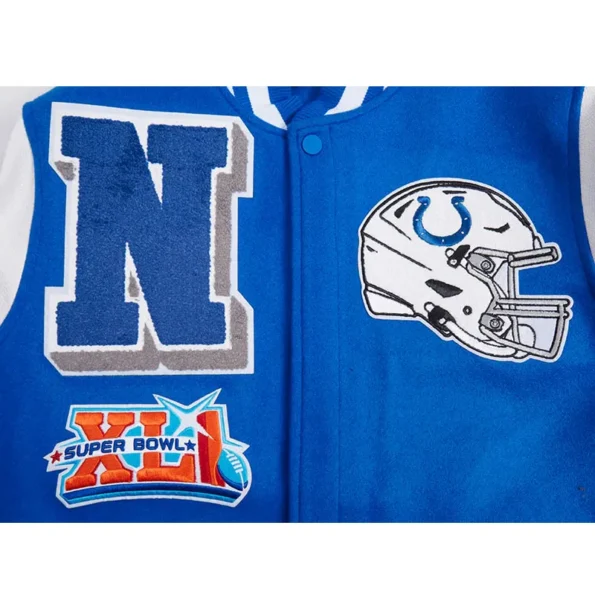 Close-up of Indianapolis Colts rib varsity jacket embroidery.