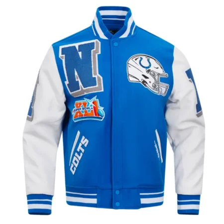 Front view of Indianapolis Colts rib varsity jacket.