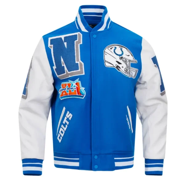 Front view of Indianapolis Colts rib varsity jacket.