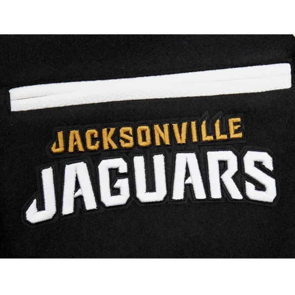 Close-up of Jacksonville Jaguars rib varsity jacket embroidery.