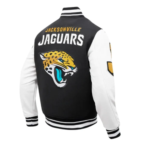 Side view of Jacksonville Jaguars rib varsity jacket.