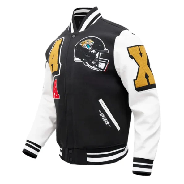 Side view of Jacksonville Jaguars rib varsity jacket.