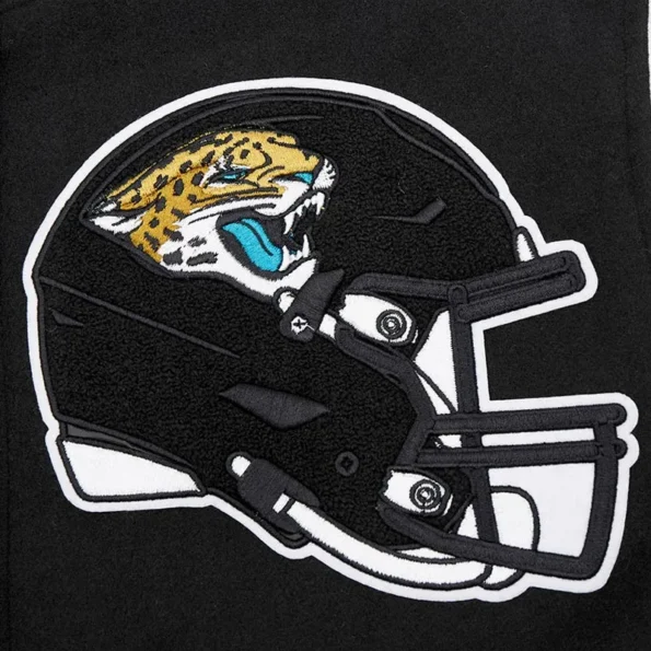 Close-up of Jacksonville Jaguars rib varsity jacket embroidery.