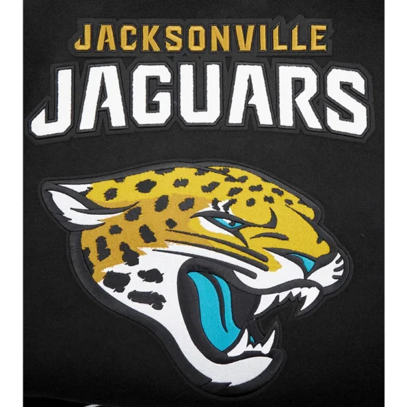 Close-up of Jacksonville Jaguars rib varsity jacket embroidery.