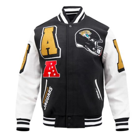 Front view of Jacksonville Jaguars rib varsity jacket.