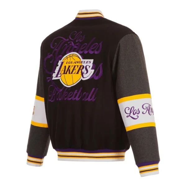 Back view of LA Lakers black varsity wool jacket.