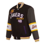 Front view of LA Lakers black varsity wool jacket.