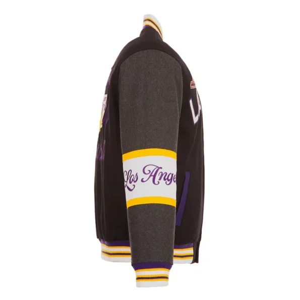 Side view of LA Lakers black varsity wool jacket.