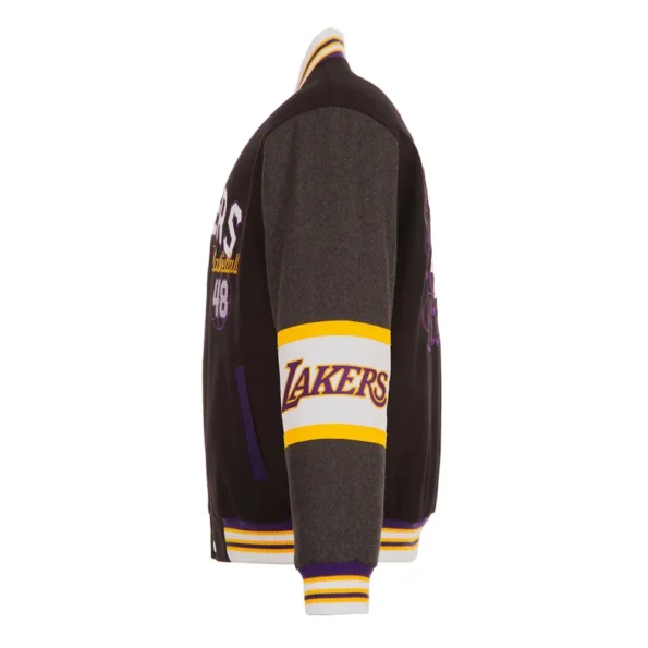 Side view of LA Lakers black varsity wool jacket.