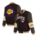 Front view LA Lakers black varsity wool jacket photo.