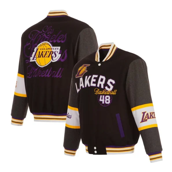 Model wearing LA Lakers varsity wool jacket front and back.