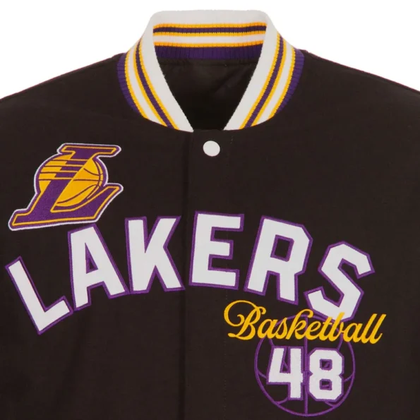 Close-up of LA Lakers varsity wool jacket embroidery.