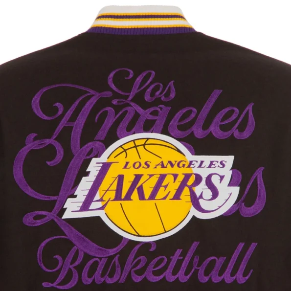 Close-up of LA Lakers varsity wool jacket embroidery.