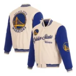 Front view Golden State Warriors cream varsity jacket photo.