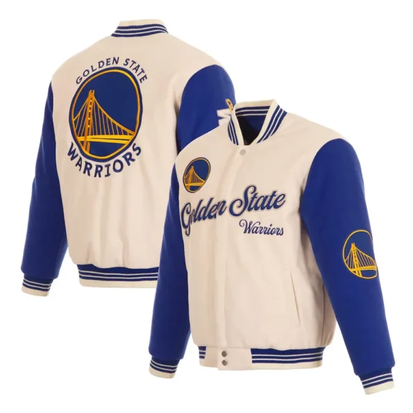 Model wearing Golden State Warriors cream varsity jacket front and back.