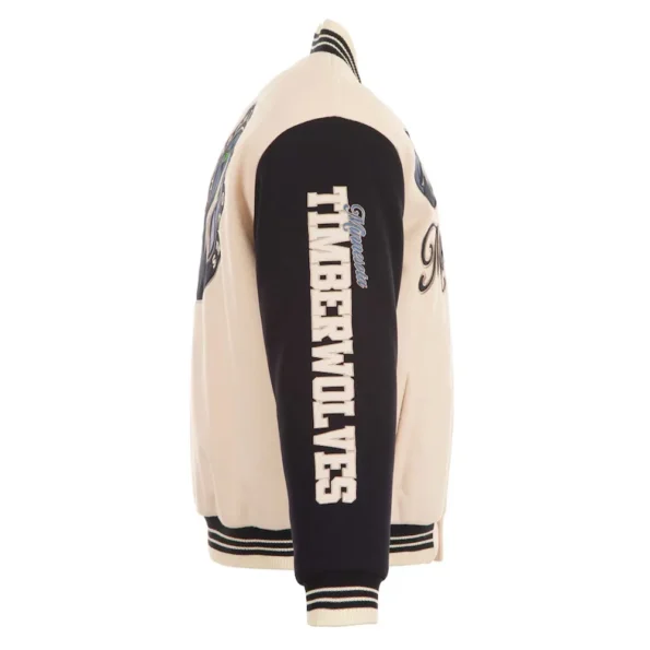 Side view of Minnesota Timberwolves cream varsity jacket.