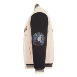 Front view Minnesota Timberwolves cream varsity jacket photo.