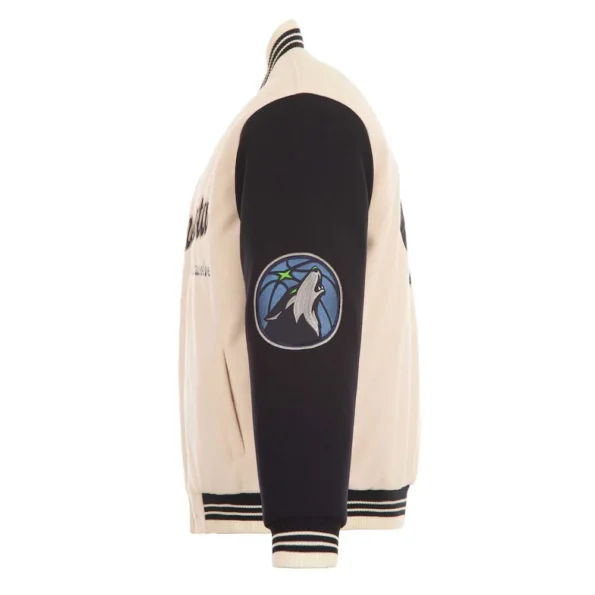 Side view of Minnesota Timberwolves cream varsity jacket.