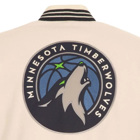 Close-up of Minnesota Timberwolves cream varsity jacket embroidery.