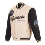 Front view of Minnesota Timberwolves cream varsity jacket.