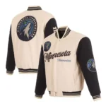 Front view Minnesota Timberwolves cream varsity jacket photo.