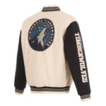 Front view Minnesota Timberwolves cream varsity jacket photo.