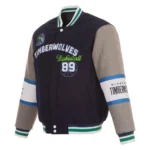 Front view of Minnesota Timberwolves varsity wool jacket.