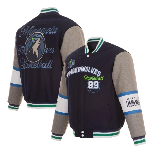 Model wearing Minnesota Timberwolves varsity wool jacket front and back.