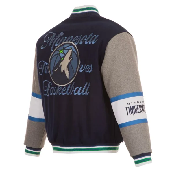 Back view of Minnesota Timberwolves varsity wool jacket.