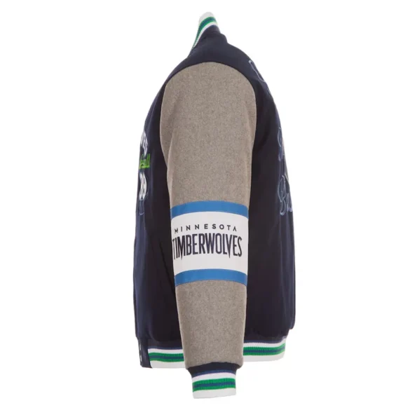 Side view of Minnesota Timberwolves varsity wool jacket.