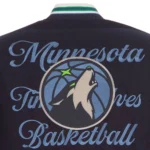 Front view Minnesota Timberwolves varsity wool jacket photo.