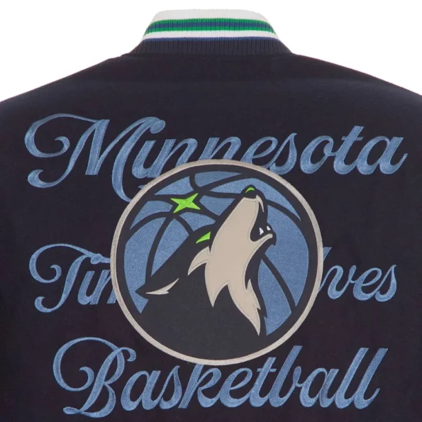 Close-up of Minnesota Timberwolves varsity wool jacket embroidery.