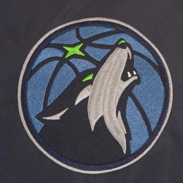 Close-up of Minnesota Timberwolves varsity wool jacket embroidery.