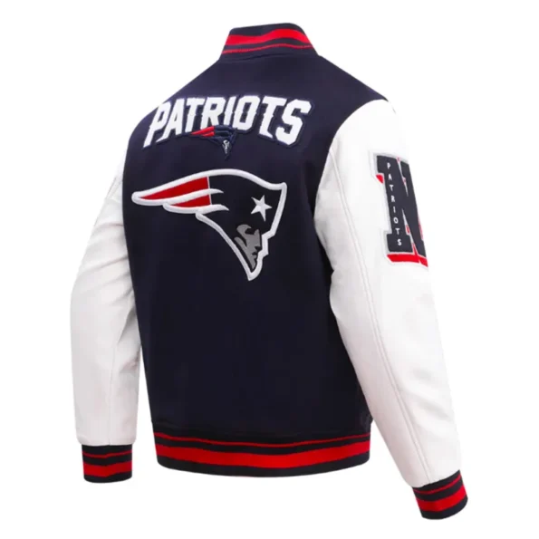 Side view of New England Patriots rib varsity jacket.