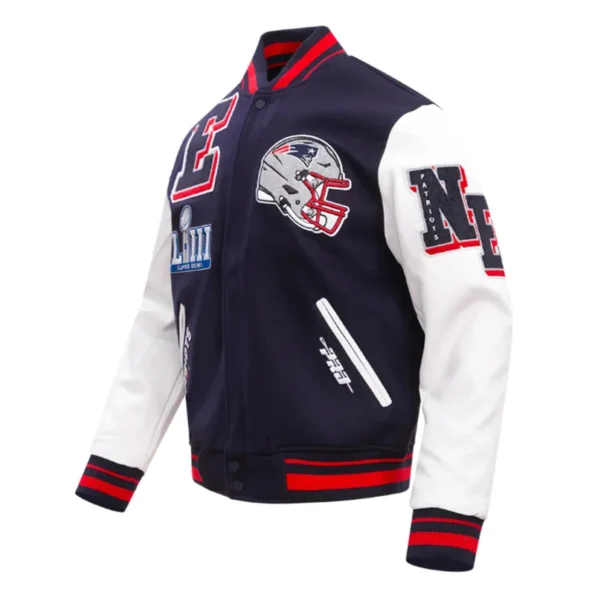 Side view of New England Patriots rib varsity jacket.