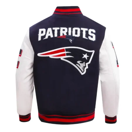 Back view of New England Patriots rib varsity jacket.