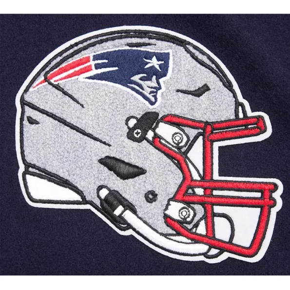 Close-up of New England Patriots rib varsity jacket embroidery.