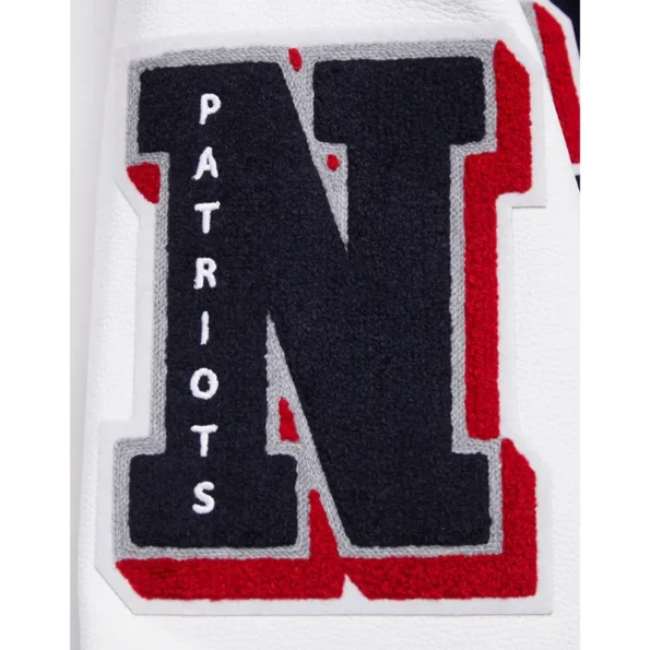 Close-up of New England Patriots rib varsity jacket embroidery.