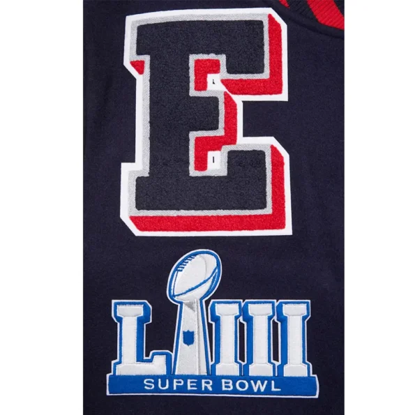 Close-up of New England Patriots rib varsity jacket embroidery.