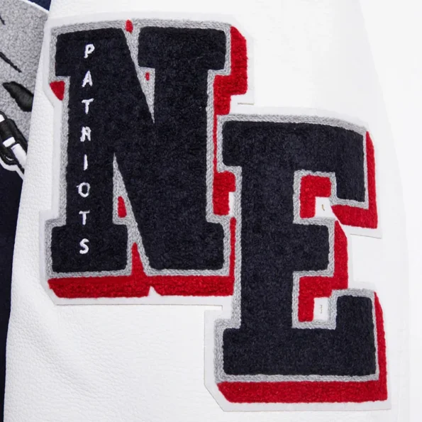 Close-up of New England Patriots rib varsity jacket embroidery.