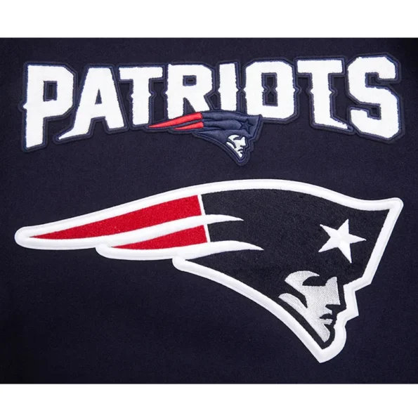 Close-up of New England Patriots rib varsity jacket embroidery.