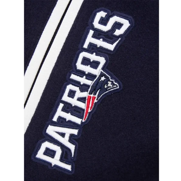 Close-up of New England Patriots rib varsity jacket embroidery.