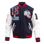 Front view of New England Patriots rib varsity jacket.