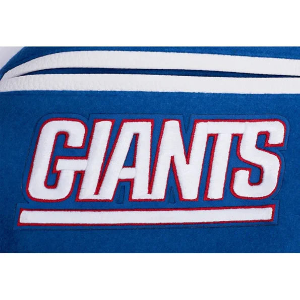 Close-up of NY Giants mashup rib varsity jacket embroidery.